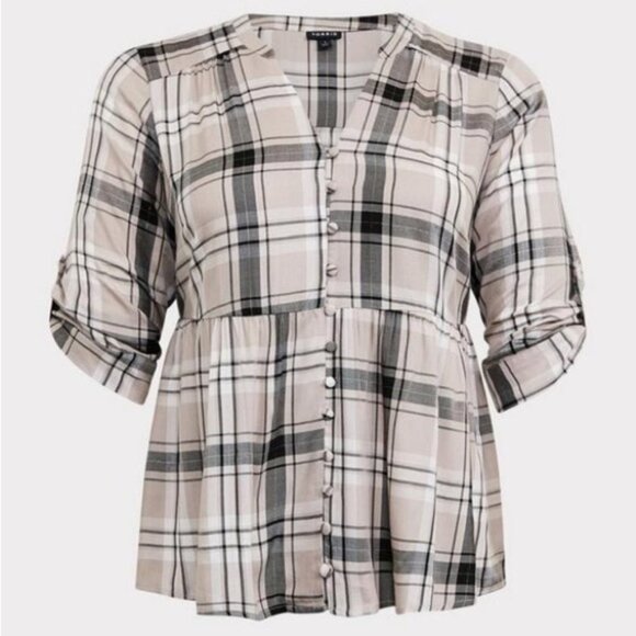 NWT Women’s Torrid Beige Gold Black Babydoll Rayon Twill Button-Front Top 2 2XL - Picture 12 of 14